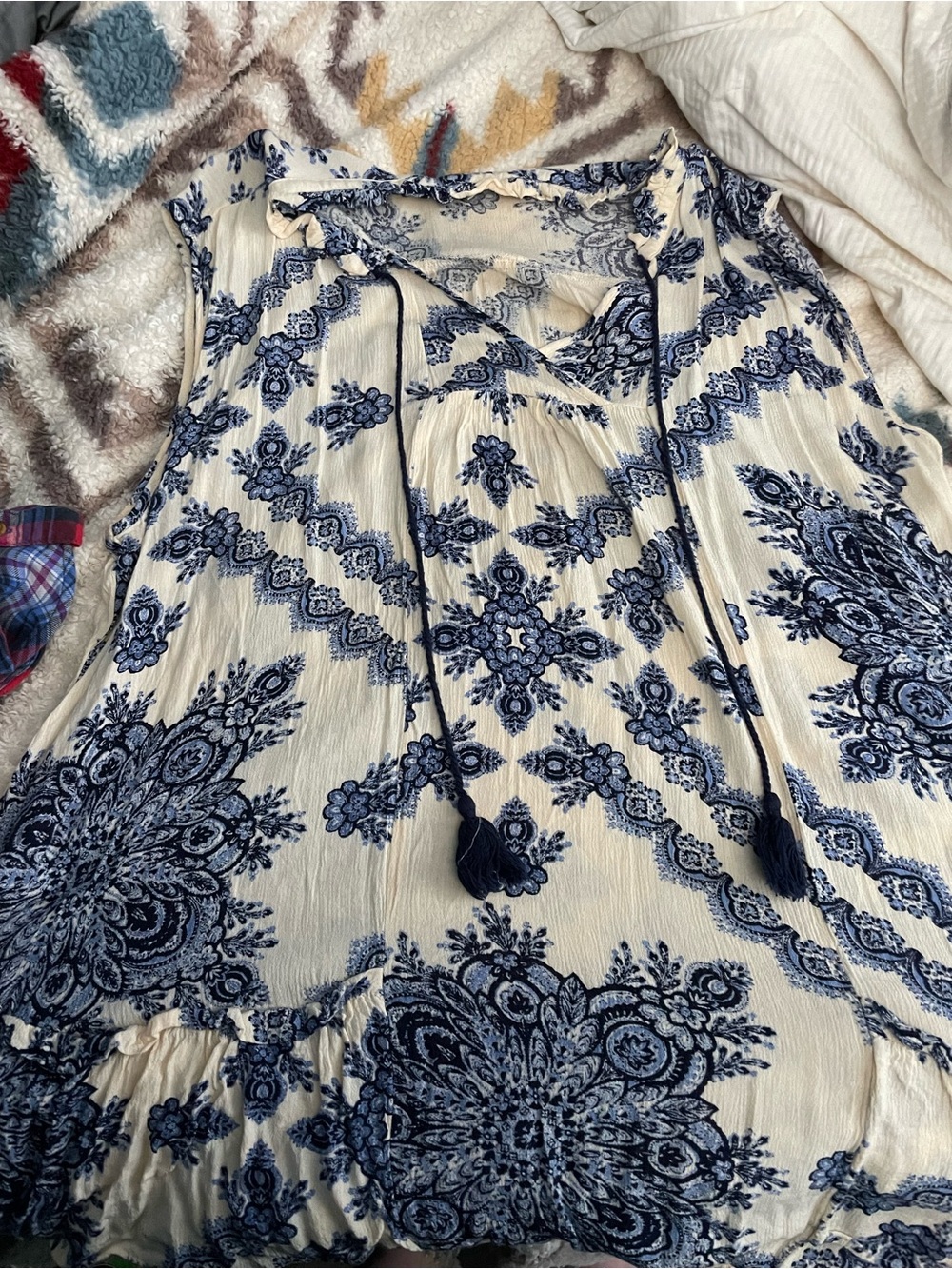 living doll Blue and White Sleeveless Tassel Tie Tunic - Picture 1 of 3